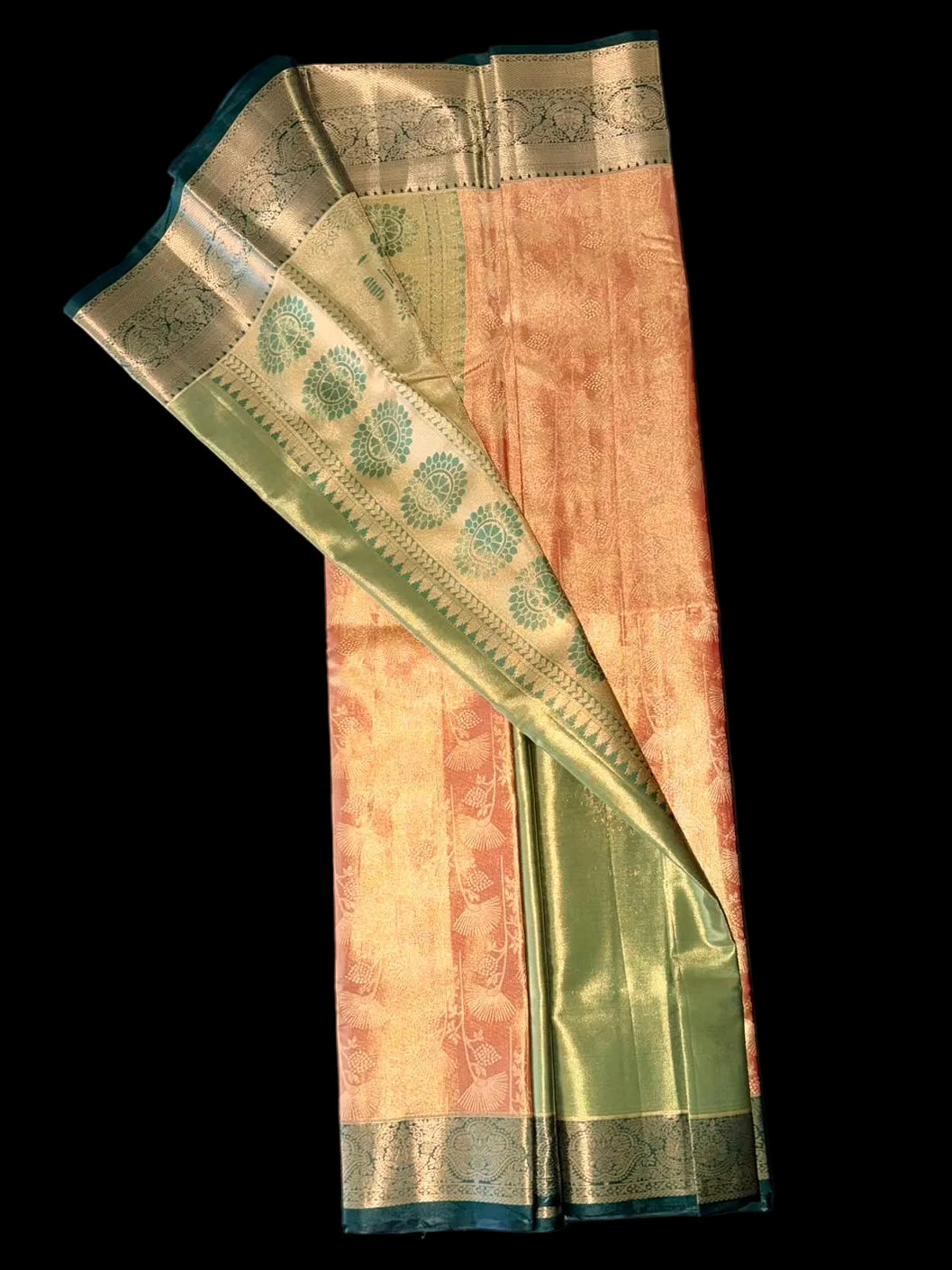 Rust red Kanchipuram silk saree with floral, paisley, and geometric motifs, ornate gold and teal border, product view