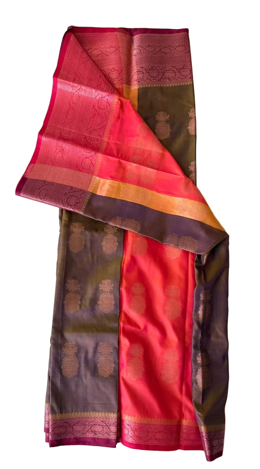 Vibrant pink saree with floral and butta motifs and ornate magenta-gold border, draped product view