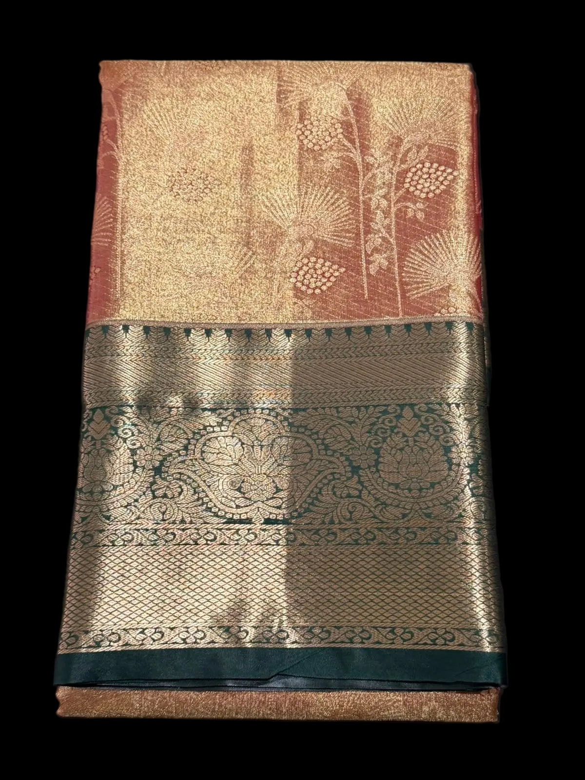 Rust red Kanchipuram silk saree with floral, paisley, and geometric motifs, ornate gold and teal border, full product view