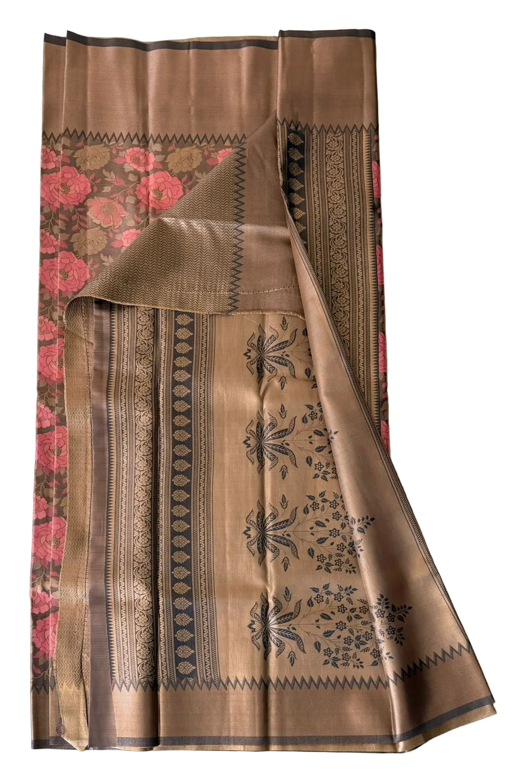 Warm taupe brown Kanchipuram silk saree with floral and geometric motifs, ornate pink-gold border and patterned pallu, draped product view