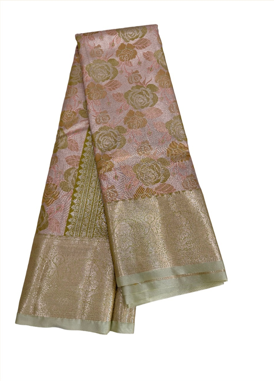 blush-pink floral Semi Kanchivaram saree with olive roses and champagne-gold border, draped product view
