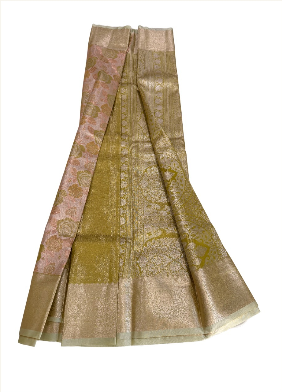 blush-pink floral Semi Kanchivaram saree with olive roses and champagne-gold border, open pallu view