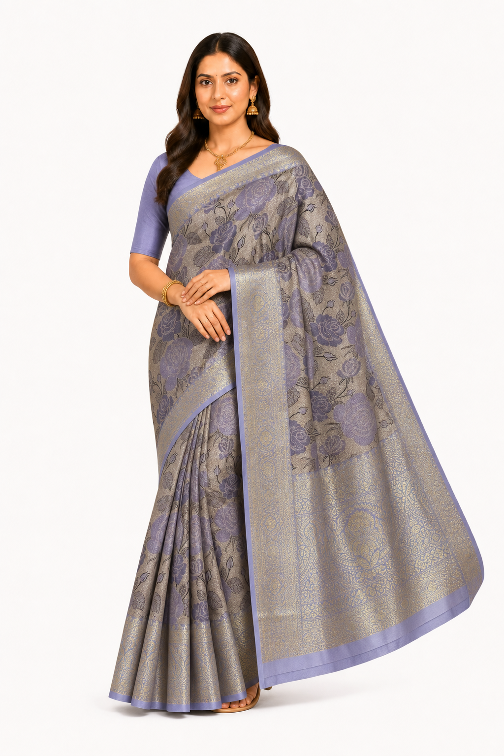Adult South Asian woman wearing lavender floral Semi Kanchivaram saree with silver-taupe ground and antique-gold border