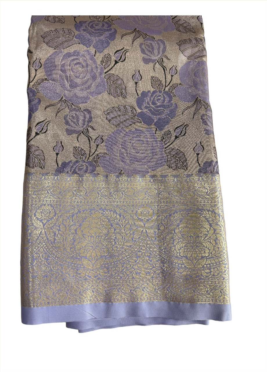 lavender floral Semi Kanchivaram saree with silver-taupe ground and antique-gold border, folded detail view