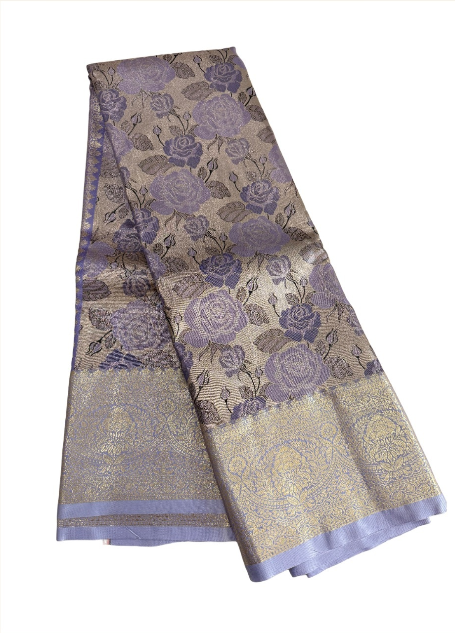 lavender floral Semi Kanchivaram saree with silver-taupe ground and antique-gold border, draped product view