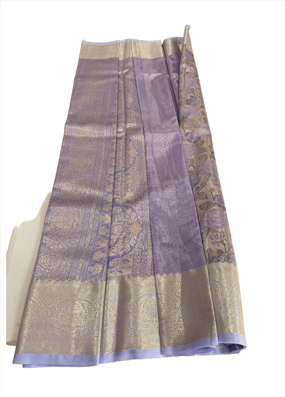 lavender floral Semi Kanchivaram saree with silver-taupe ground and antique-gold border, open pallu view
