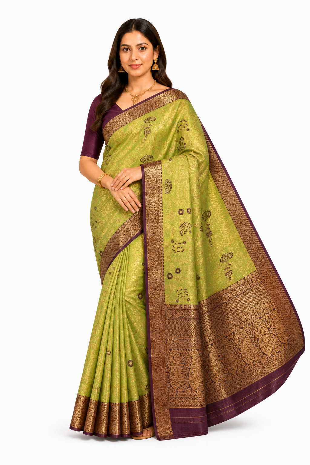 Adult South Asian woman wearing lime-green Semi Kanchivaram saree with maroon motifs and antique-gold peacock border