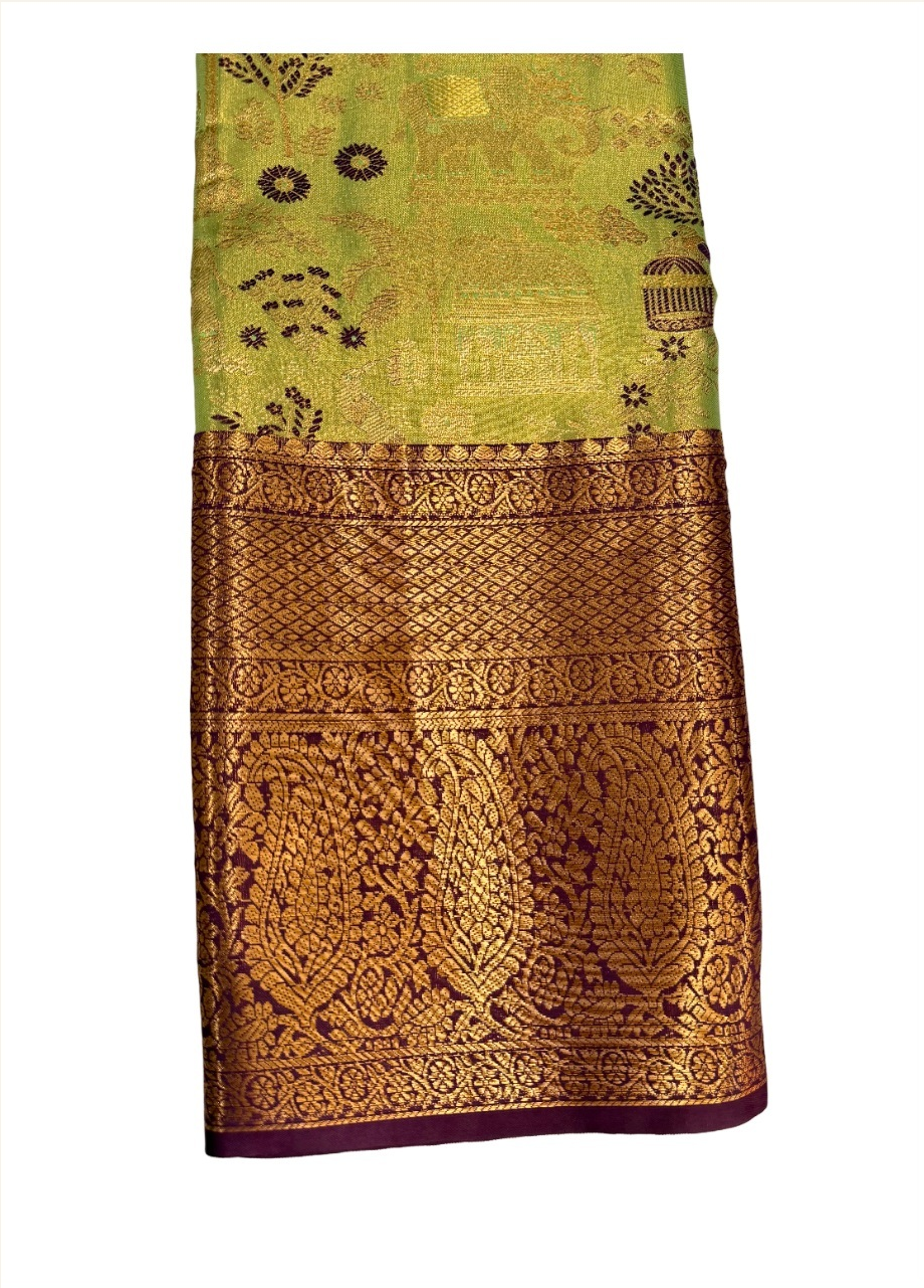 lime-green Semi Kanchivaram saree with maroon motifs and antique-gold peacock border, folded detail view