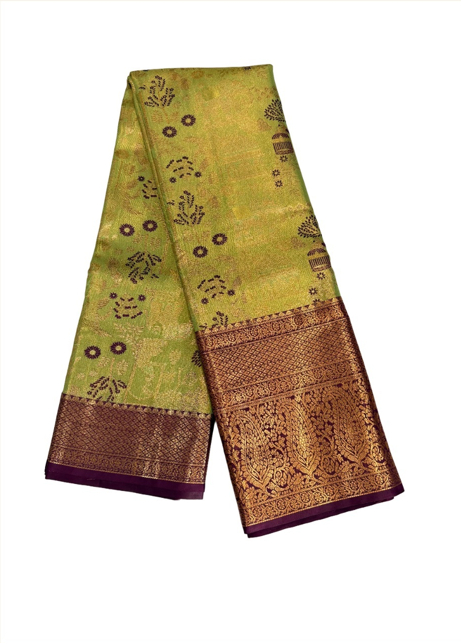 lime-green Semi Kanchivaram saree with maroon motifs and antique-gold peacock border, draped product view