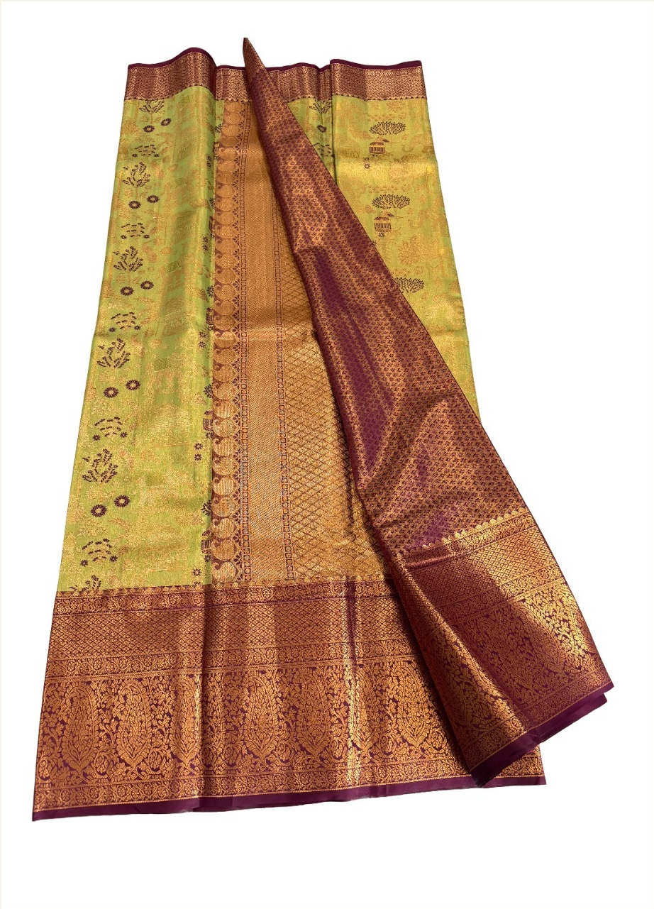 lime-green Semi Kanchivaram saree with maroon motifs and antique-gold peacock border, open pallu view