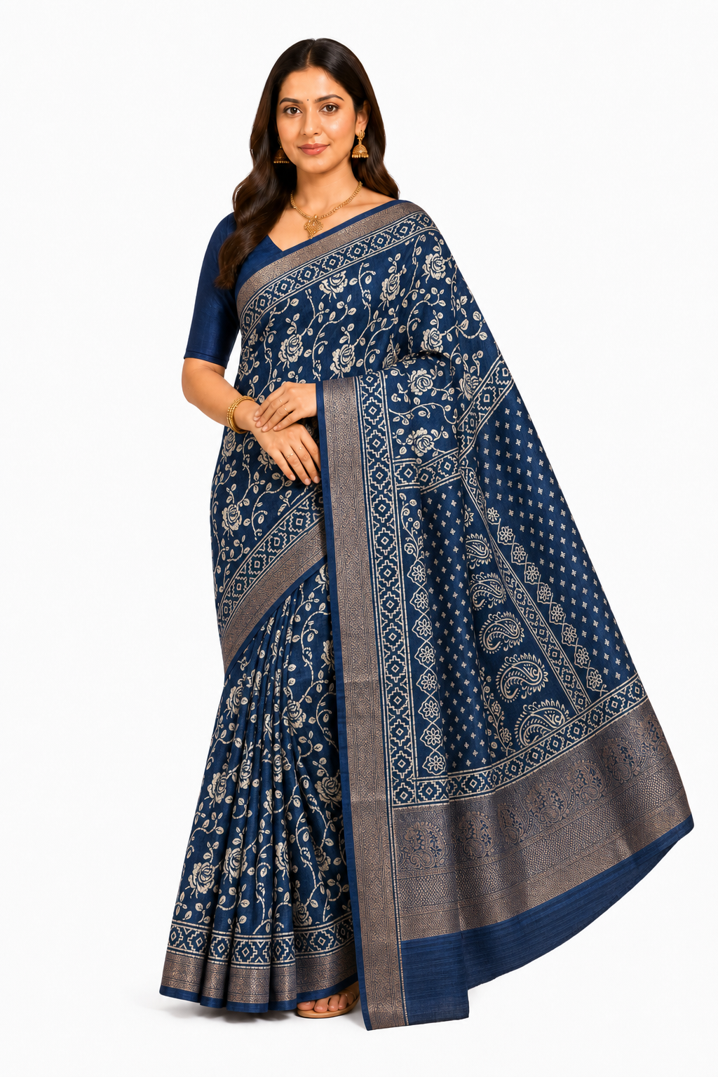 Adult South Asian woman wearing navy-blue floral Semi Kanchivaram saree with ivory vines and antique-gold paisley border