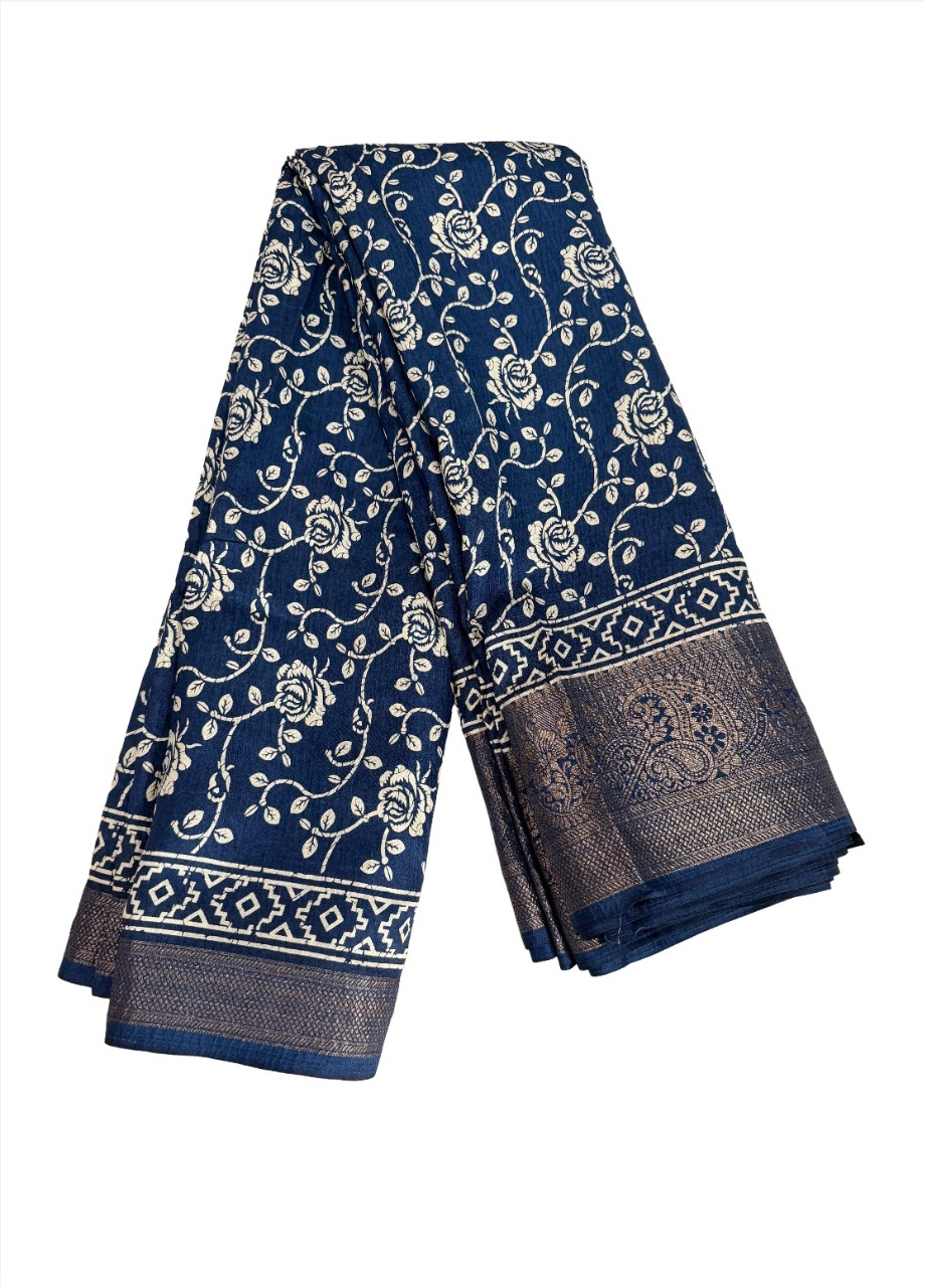 navy-blue floral Semi Kanchivaram saree with ivory vines and antique-gold paisley border, draped product view