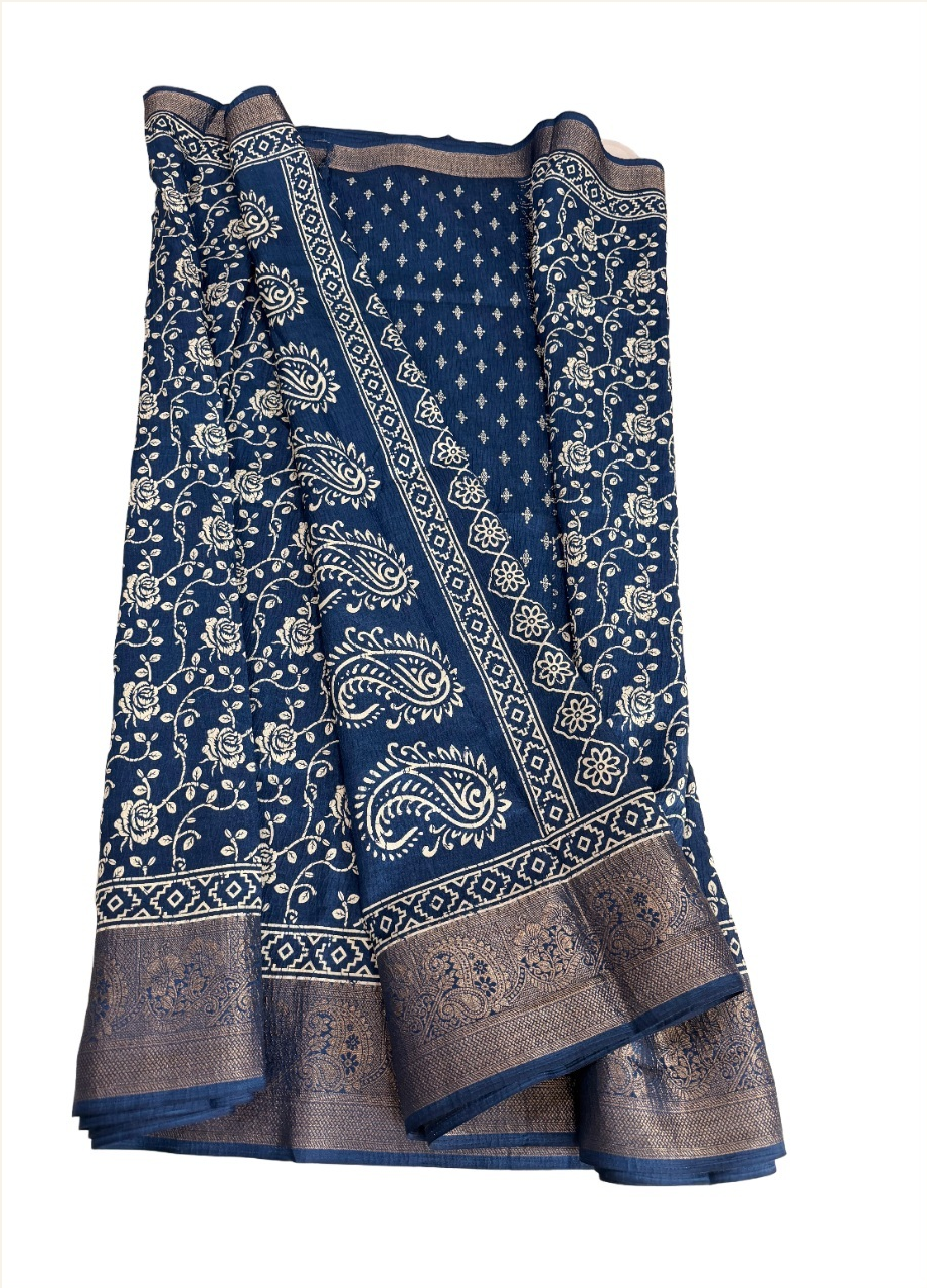 navy-blue floral Semi Kanchivaram saree with ivory vines and antique-gold paisley border, open pallu view