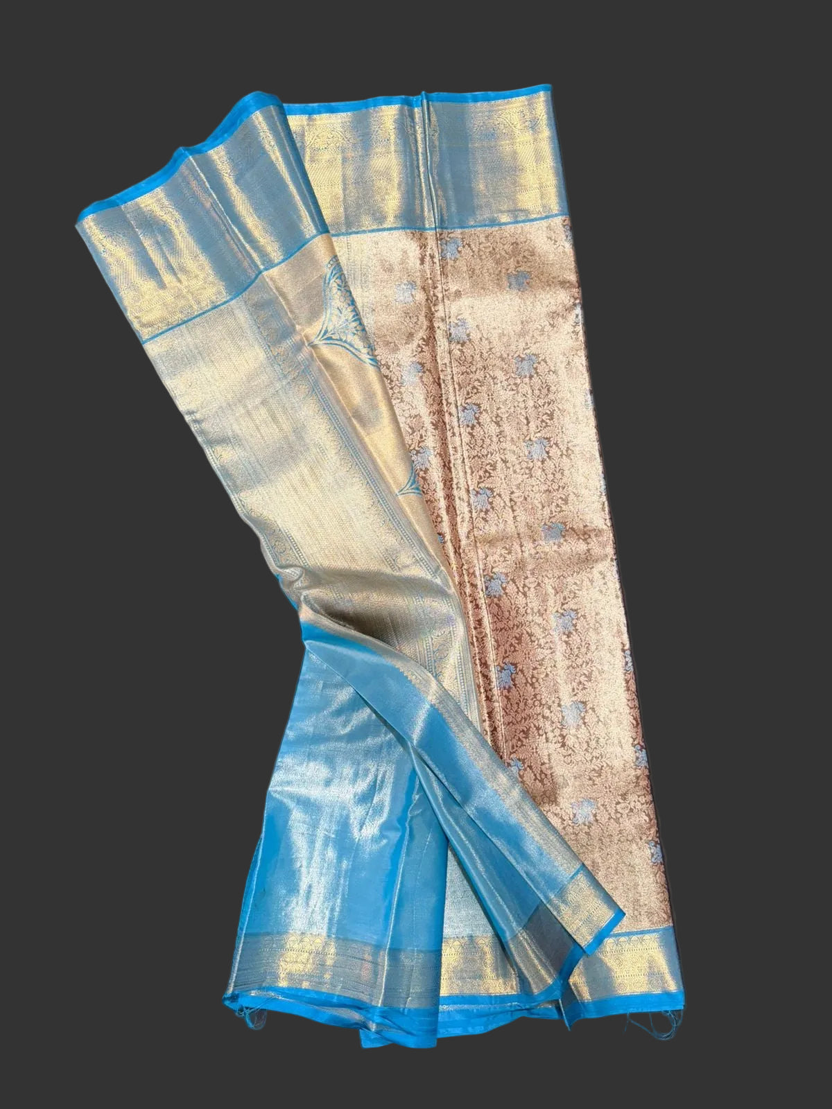 Cream beige Kanchipuram silk saree with floral paisley damask pattern and blue-gold woven border, draped product view