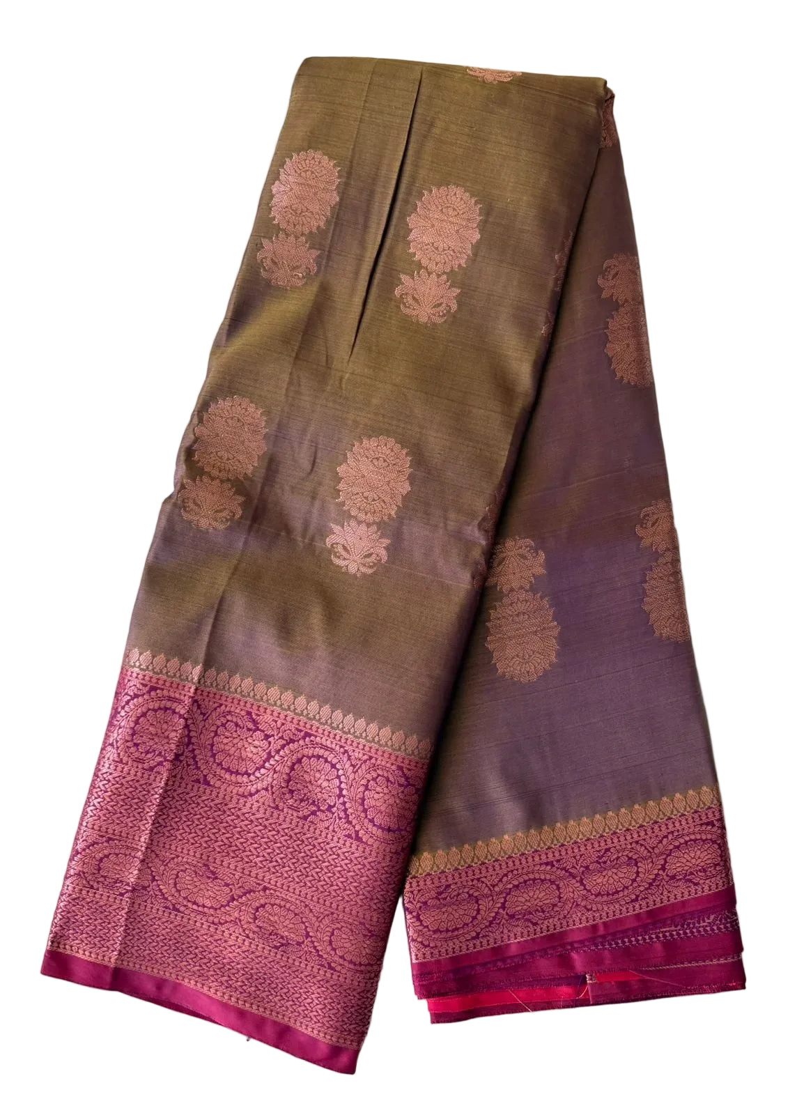 Vibrant pink saree with floral and butta motifs and ornate magenta-gold border, body detail view