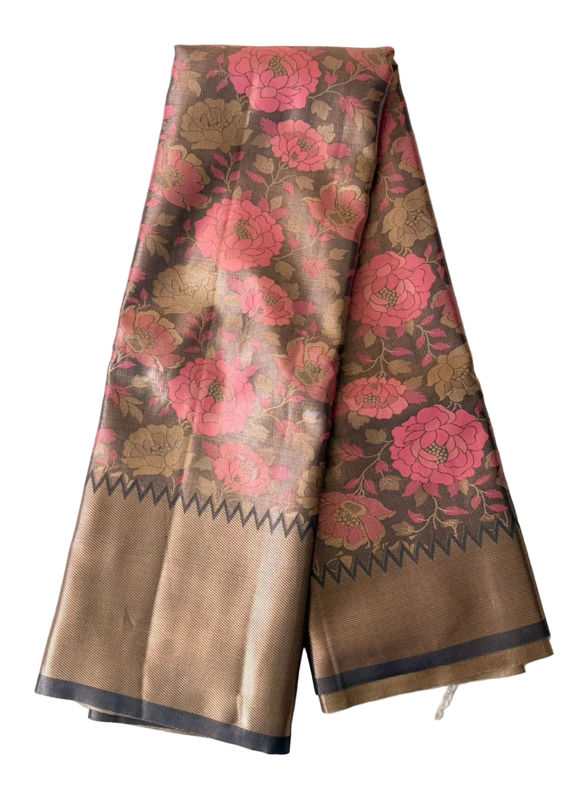 Warm taupe brown Kanchipuram silk saree with fine woven texture and horizontal striped appearance, body detail view